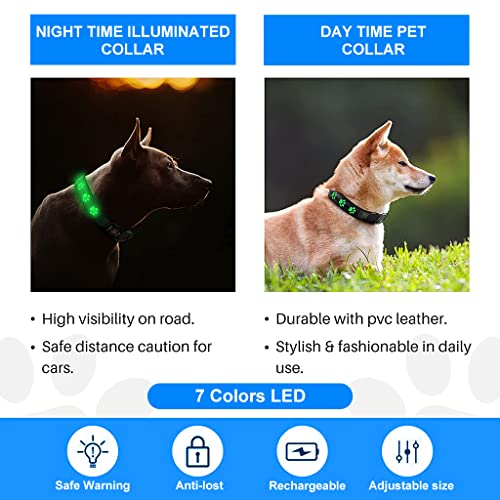 Qpets® Dog Collar for Large Dog, 7 Colours LED Dog Collor Light Up Dog Collar USB Rechargeable Quick Release Buckle, Adjustable Size PVC Leather Dog Collar, Dog Neck Collar(Size: L)