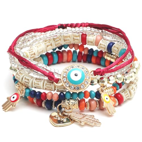 SANNIDHI® Boho Evil Eye Hamsa Hand Bracelet Stackable Multilayer Lucky Protection Bracelets Multicolor Crystal Charm Beaded Bracelet for Women Girls