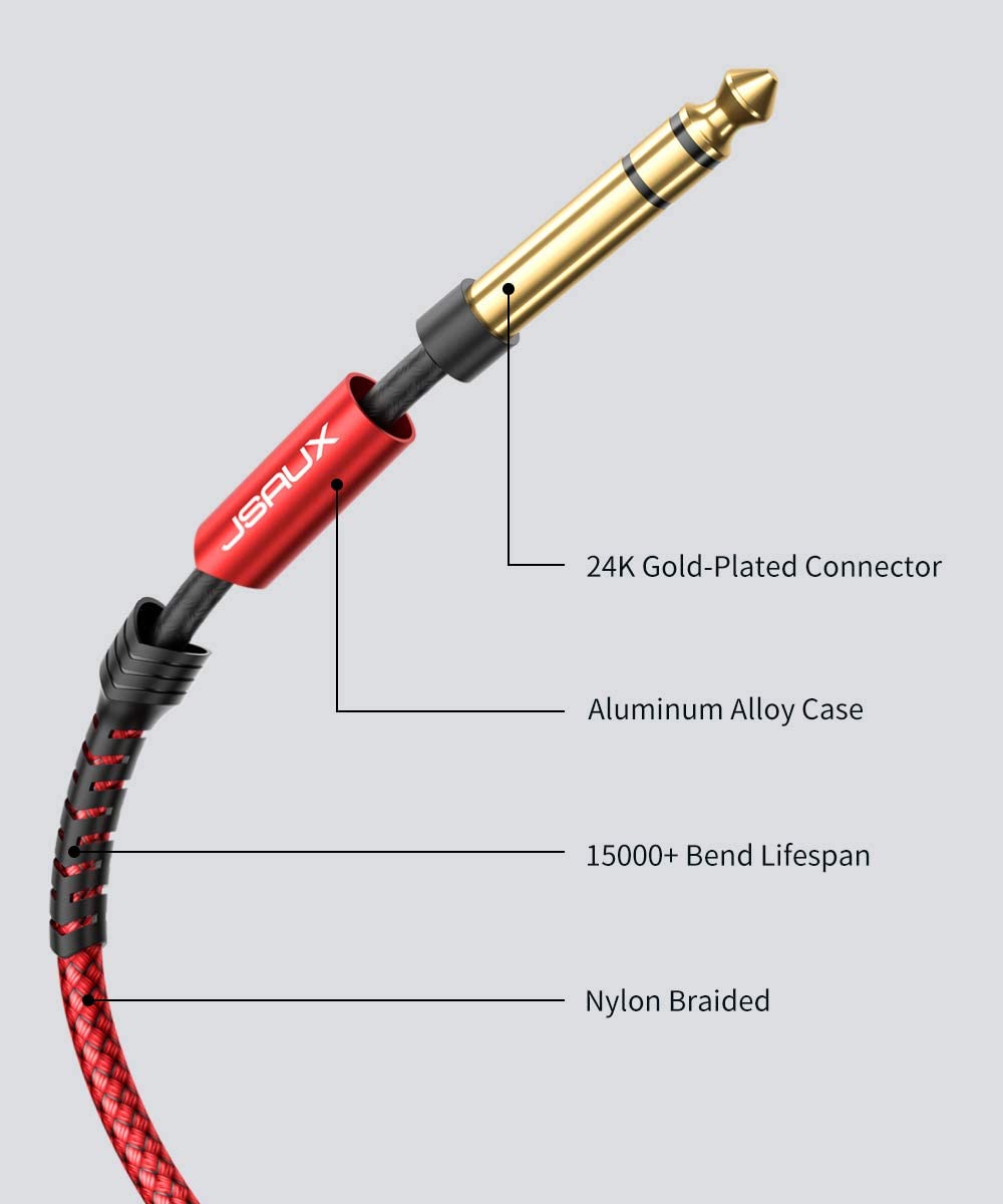 JSAUX 1/4 Inch Guitar Cable for Pro Audio Equipment with 6.6ft TRS Jack | Gold Plated Connectors