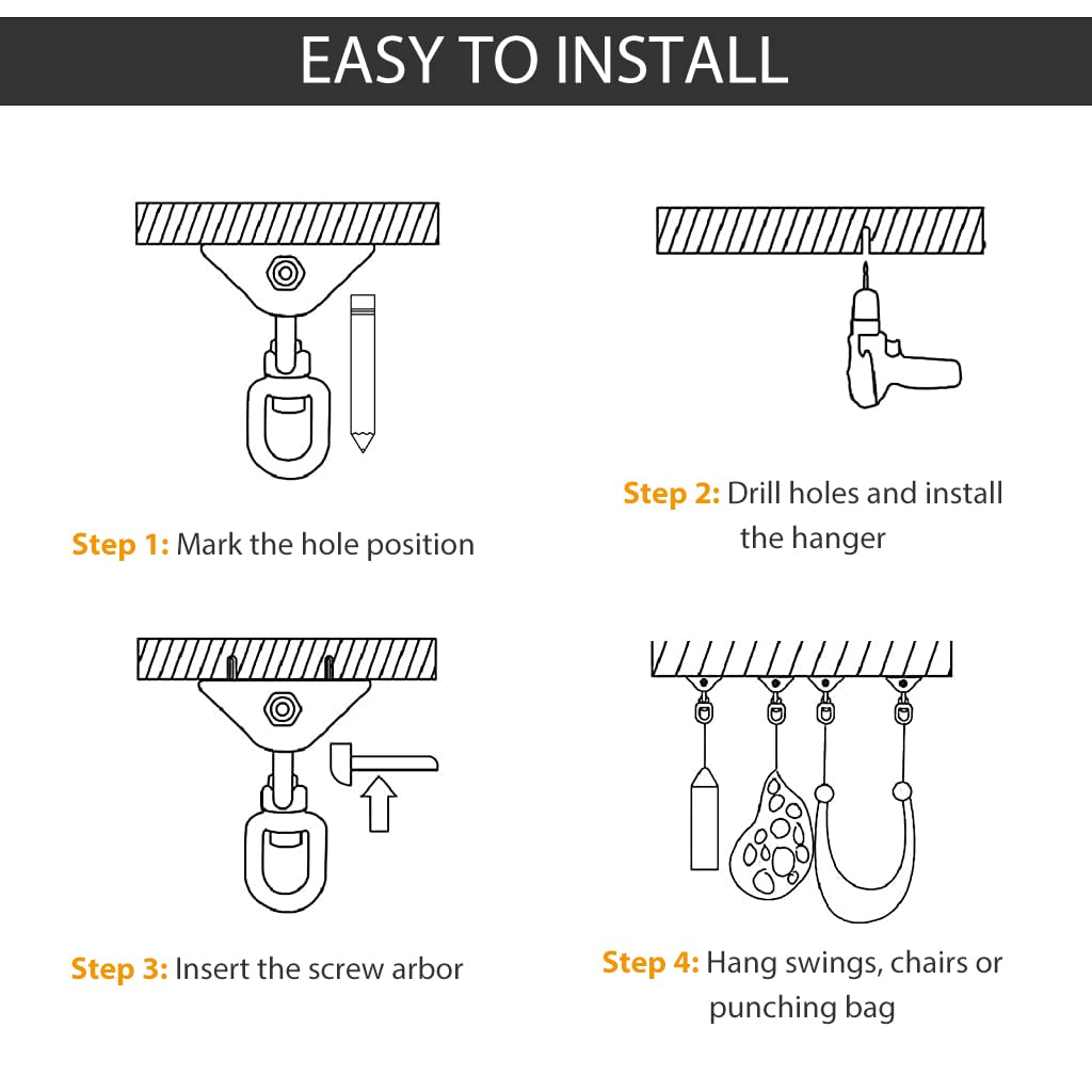 Supvox® Heavy Duty Ceiling Hook Kit for Installation of Hammock, Swing, Sandbag, Yoga Hammock, Ceiling Fan, Ceiling Lights, Stainless Steel 360° Swivel Ceiling Mounting Accessories, Maximum Load 250kg