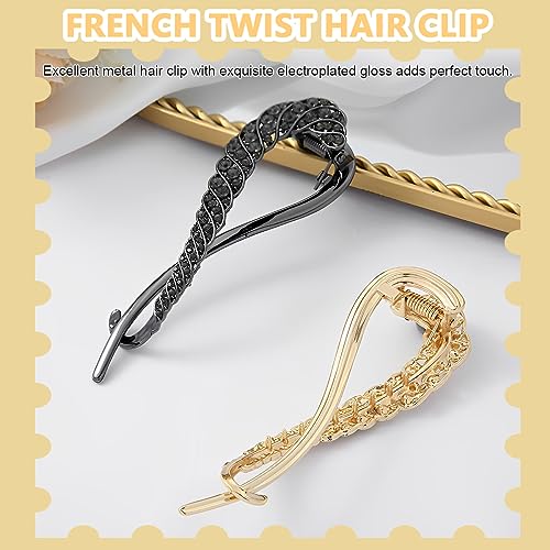 PALAY® 6PCS Hair Bun Accessories for Women Metal Rhinestone Maker French Style Clips Stylish Medium Thick Black Gold Set