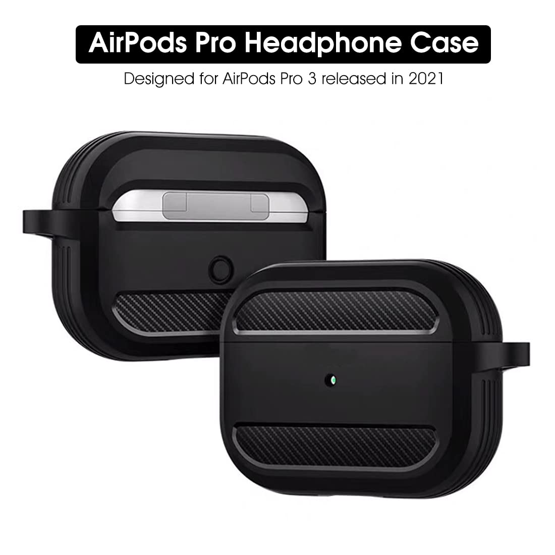 ZIBUYU Heavy Duty Protective Case for AirPods 3 2021 with Airbag Corners and Carabiner | Black TPU PC Cover