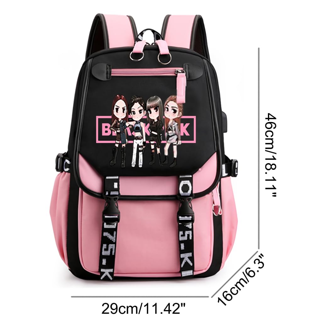 PALAY® Black Pink Bag For Girls School Bag with USB Cable Jack Cute Backpacks Idol Print Design Laptop Backpack and Casual Backpack Student Accessories That can Hold 16.8 inches Books