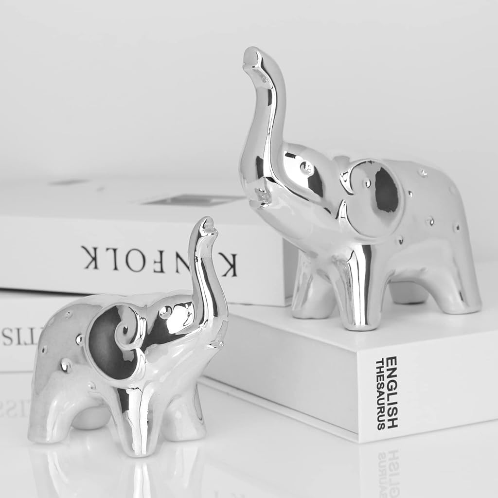 HASTHIP Elephant Statue Pair for Home and Office Decor featuring Silver Finish | 11.5cm and 9.5cm Ceramic Figurines