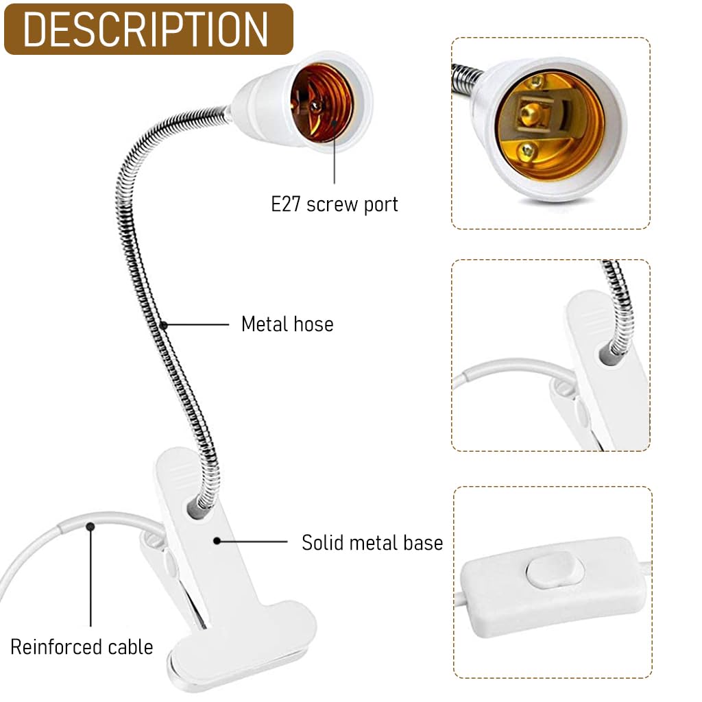 ELEPHANTBOAT E27 Clamp Lamp Holder for Desk Use with 360° Flexible Gooseneck and Switch | White 2PCS