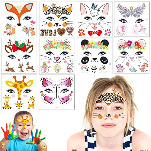 MAYCREATE® Temporary Face Tattoo Sticker for Kids, 10 Sheets Cartoon Animal Body Face Makeup Stickers for Girls Boys, Water Transfer Cute Fairy Stickers Set for Theme Party, Halloween