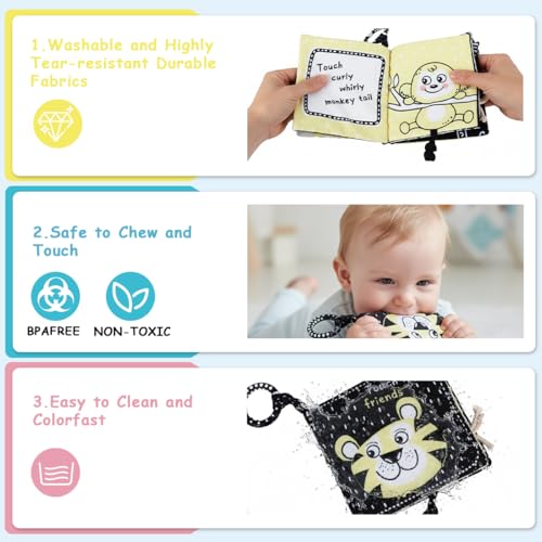 SNOWIE SOFT® Cartoon Baby Cloth Book with Open Clasp,5-Page,Double Sided Storytelling Fabric Book with Built in Squeaky Toy Interactive 3D Cartoon Baby Learning Travel Busy