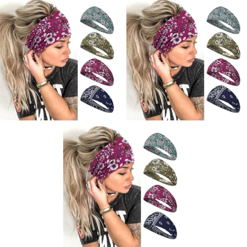 Optifit® Wide Headbands for Women Boho Bandeau Head Bands Workout Head Wraps Stretch No Slip Hair Wraps Pack of 4 3PCS