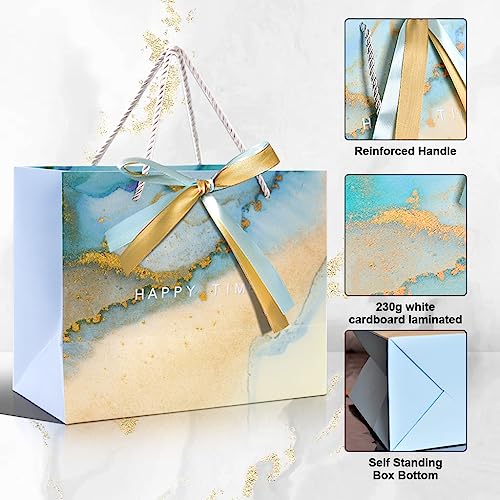 HASTHIP® 10pcs Gift Paper Bags, Gift Bags Medium Size with Bow Ribbon, Portable Paper Gift Bag with Handles, Birthday Gift Bags, Marble Pattern Present Bags for Diwali Christmas Wedding Party, Blue