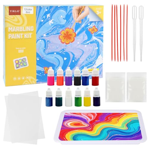 HASTHIP® DIY Paper Marbling Art Painting Kit for Kids & Adults Floating Ink Art Painting Kit with 12 Colors Pigment Beginners Paper Marbling Paint Art Kit Children's Day Gift