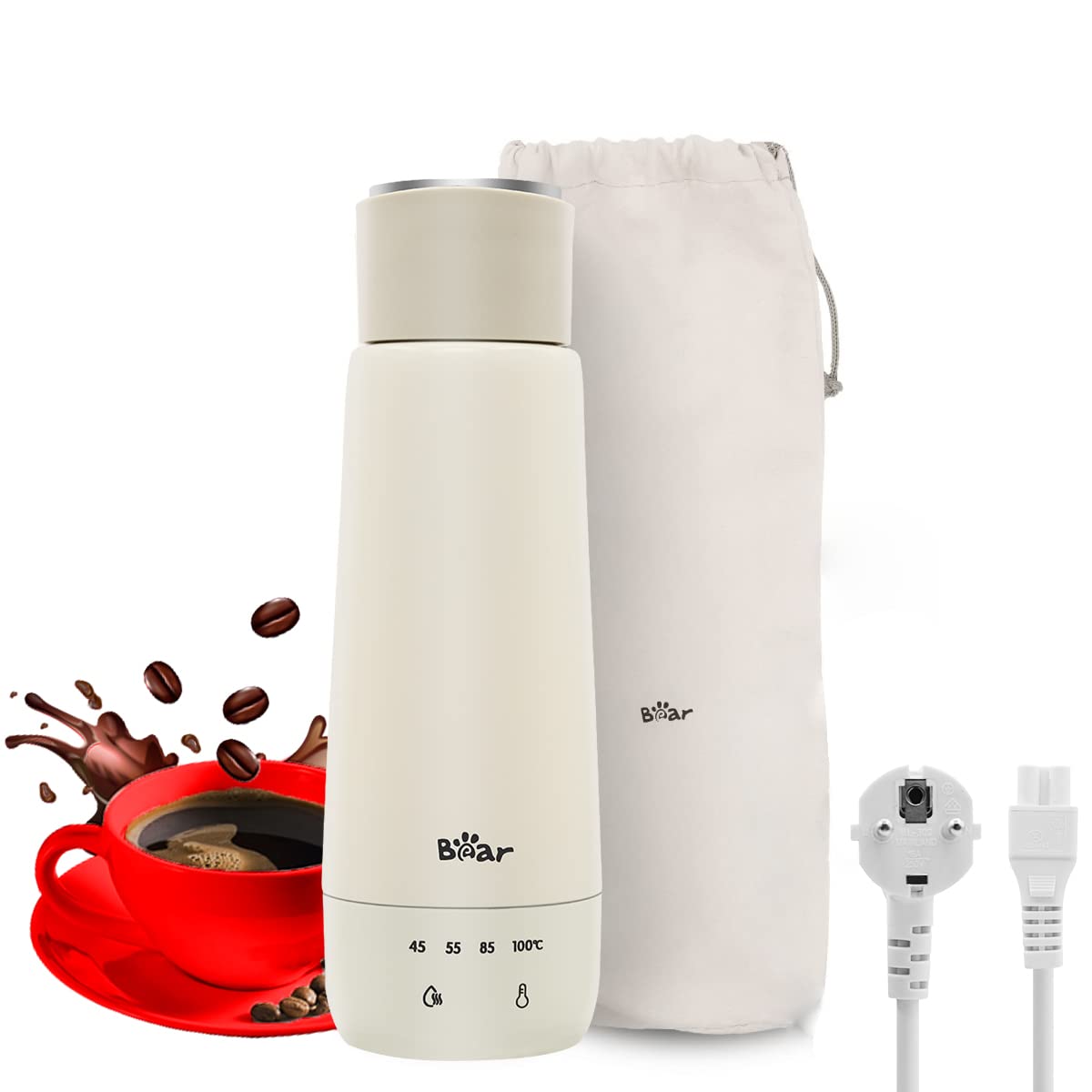 Bear® Electric Kettle 300W Portable Electric Water Bottle for Hot Water with 4-Temperature Fast Boil Tea Kettle Mug Multipurpose Food Grade 304 Stainless Steel Liner for Travel with Storage Bag