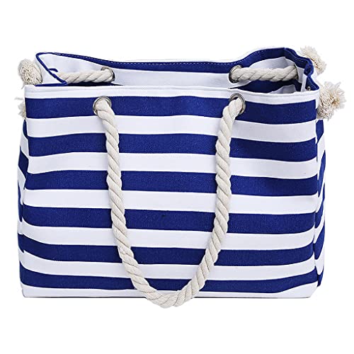 PALAY® Tote Bag for Women Blue Stripy Cloth Bag Beach Bag for Women Hand Bag Braid Rope Strap Large Capacity Shopping Bag for Travel, Daily, Commuting