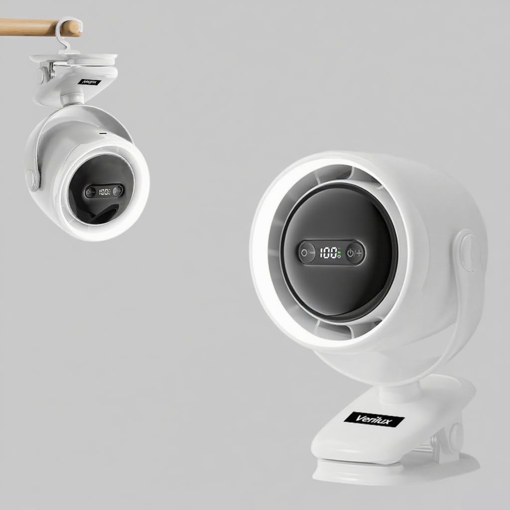 Verilux USB Mini Desk Fan for Home and Travel with 7200mAh Battery and Stepless Airflow | Clip-on LED Light