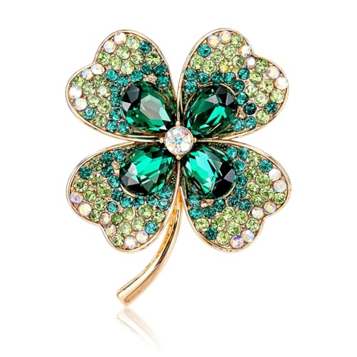 SANNIDHI® 2Pcs Green Clover Leaf Brooch Pin for Women, Gold Plated Vintage Rhinestone Saree Brooches, Lucky Crystal Jewelry Gift, Elegant Saree, Dress, Blazer, Shawl Accessory, Durable Metal