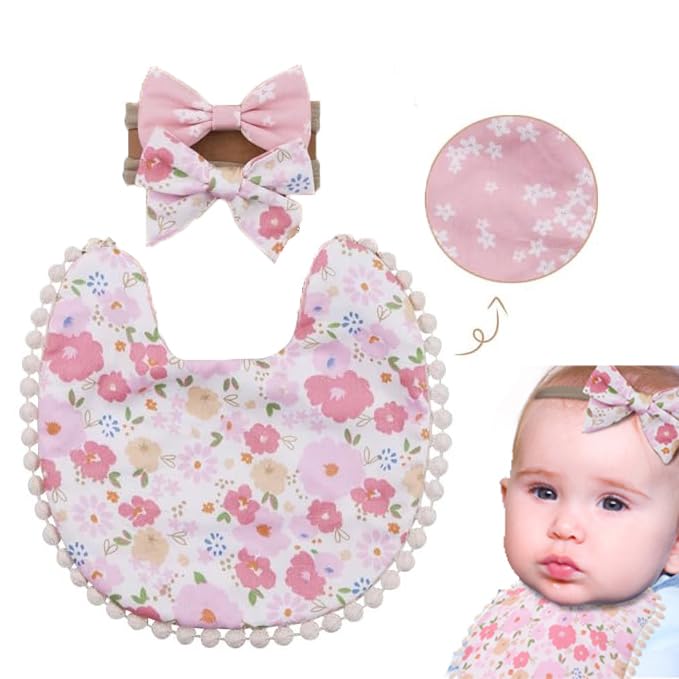 SNOWIE SOFT Feeding Bib Set Flower Print Baby Girls Cloth Drooling Bib with 2Pcs Bow Hairband Hair Bands Tie Back Saliva Bib Baby Bib Washable Bib Baby Bibs for 6 to 12 Months Baby Feeding Products