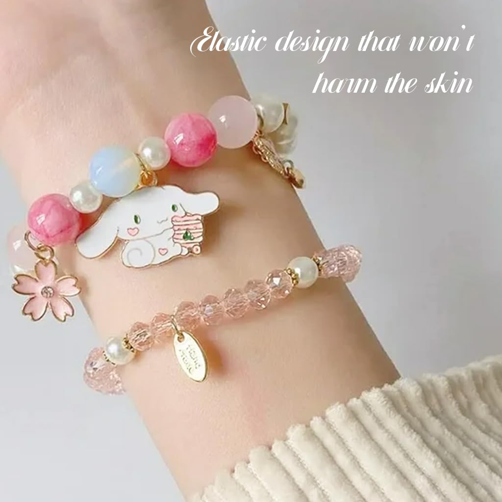 Venzina® Pearl Crystal Bracelet for Girls Kids, Cute Cinnamoroll Crystal Bead Bracelet for Kids Girls, 2-Layer Cartoon Elastic Bracelet Jewelry for Girls Children's Day Gift