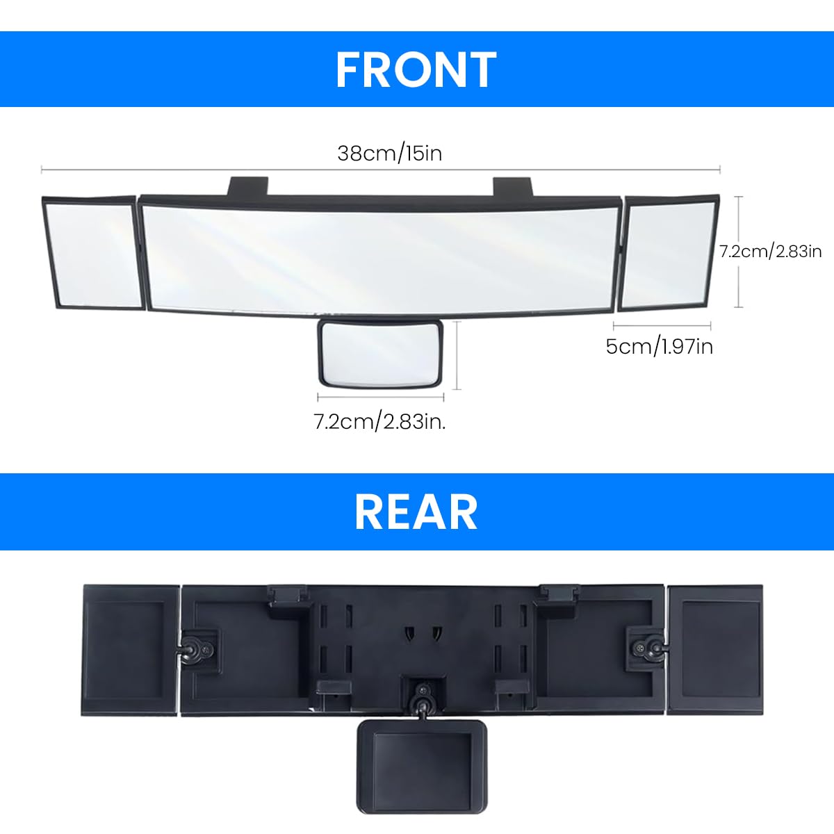 STHIRA Rear View Mirror for Car with 15 Inch HD Wide Angle and Triple Rotatable Mirrors | Easy Clip On Installation