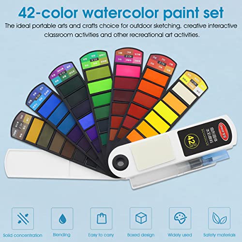 HASTHIP® 42 Colors Foldable Solid Watercolor Paint Set with Refillable Water Brush Pen and Absorbent Sponge Travel for Students Adults Beginners Artist Field Sketch 2 PCS