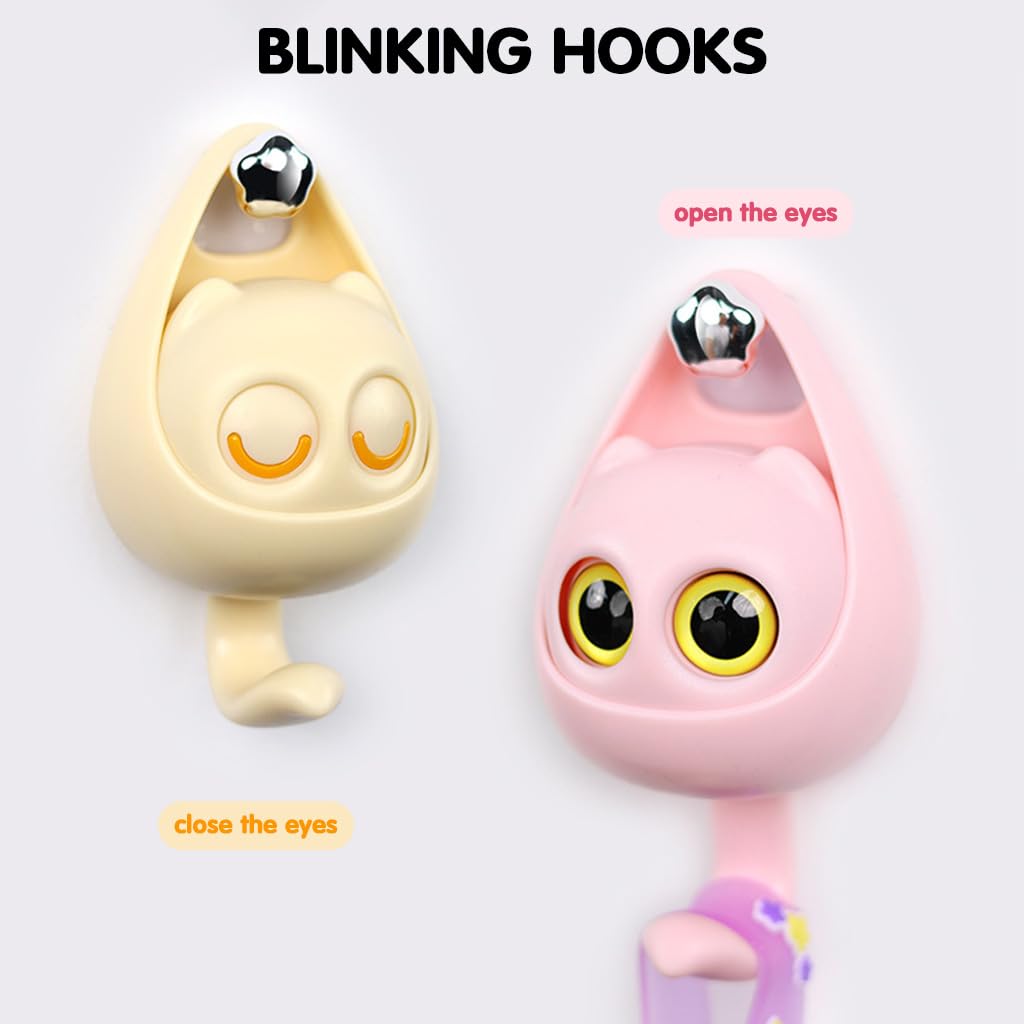 HASTHIP Cartoon Wall Hooks for Entryway and Bathroom with Blinking Eyes Design | 2Pcs No‑Drill Dual Color Hangers