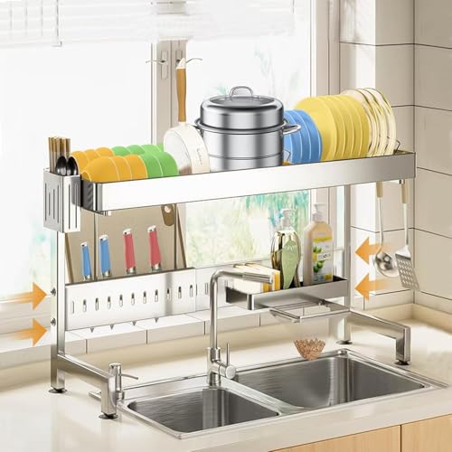 HASTHIP® Over The Sink Dish Drying Rack,Stainless Steel Material with Adjustable Length, Dish Drainer Rack, Kitchen Organizer Dish Rack,Rack for Kitchen After Wash, 70x26x50cm Max-Metallic Silver