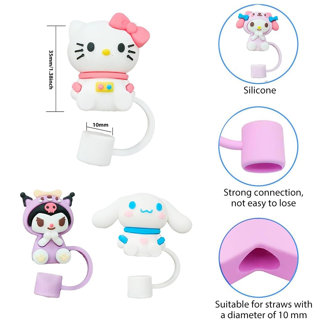 HASTHIP® 4Pcs Kawaii Straw Lids Sanrio Series Drinking Straw Lids Anti-lost Kids Straw Lids Universal 10mm Straw Lids Straw Cap for Stainless Steel Straw, Straight Straw, Curved Straw, Glass Straws