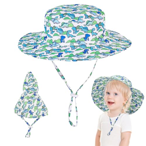 SNOWIE SOFT® Sun Hat for Toddler Boys Girls Aged 1-2 Years Old Wide Brim Bucket Hat Beach Hat with Chin Strap Breathable Mesh Liner Design Outdoor Cartoon Dinosaur Sun Hat for Kids