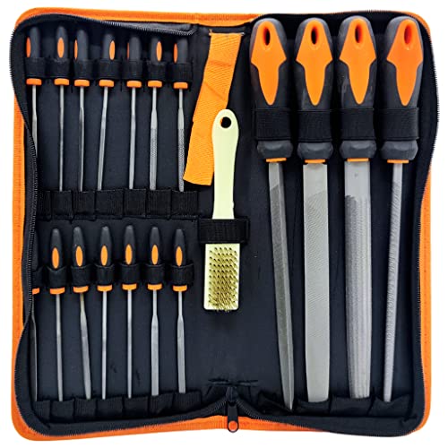 HASTHIP® 19Pcs File Tools Set with Portable Bag, Premium Grade T12 Drop Forged Alloy Steel File Tools, 4Pcs Precision Large File and 12Pcs Needle Files & 1 brush for Metal Crafts Tool