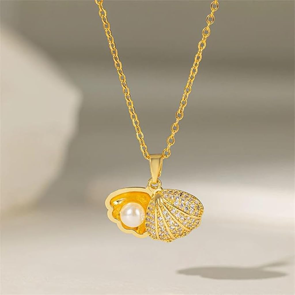 Zibuyu Oyster Pearl Necklace for Women with Openable Seashell Pendant and Rhinestones | Elegant Gift Jewelry