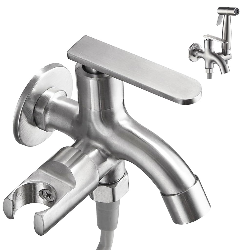 HASTHIP Washing Machine Tap for Laundry and Garden Use with Dual Outlet Bibcock | Stainless Steel Sprayer Holder Design