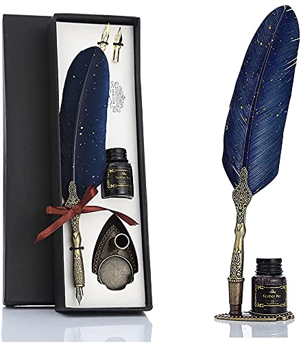 HASTHIP Vintage Carving Feather Pen Set, Glittering Quill Pen Set Antique Calligraphy Writing Dip Pen with Black Ink, 2 Replacement Nibs, Pen Stand Base, Luxury Signature Pen (Blue)