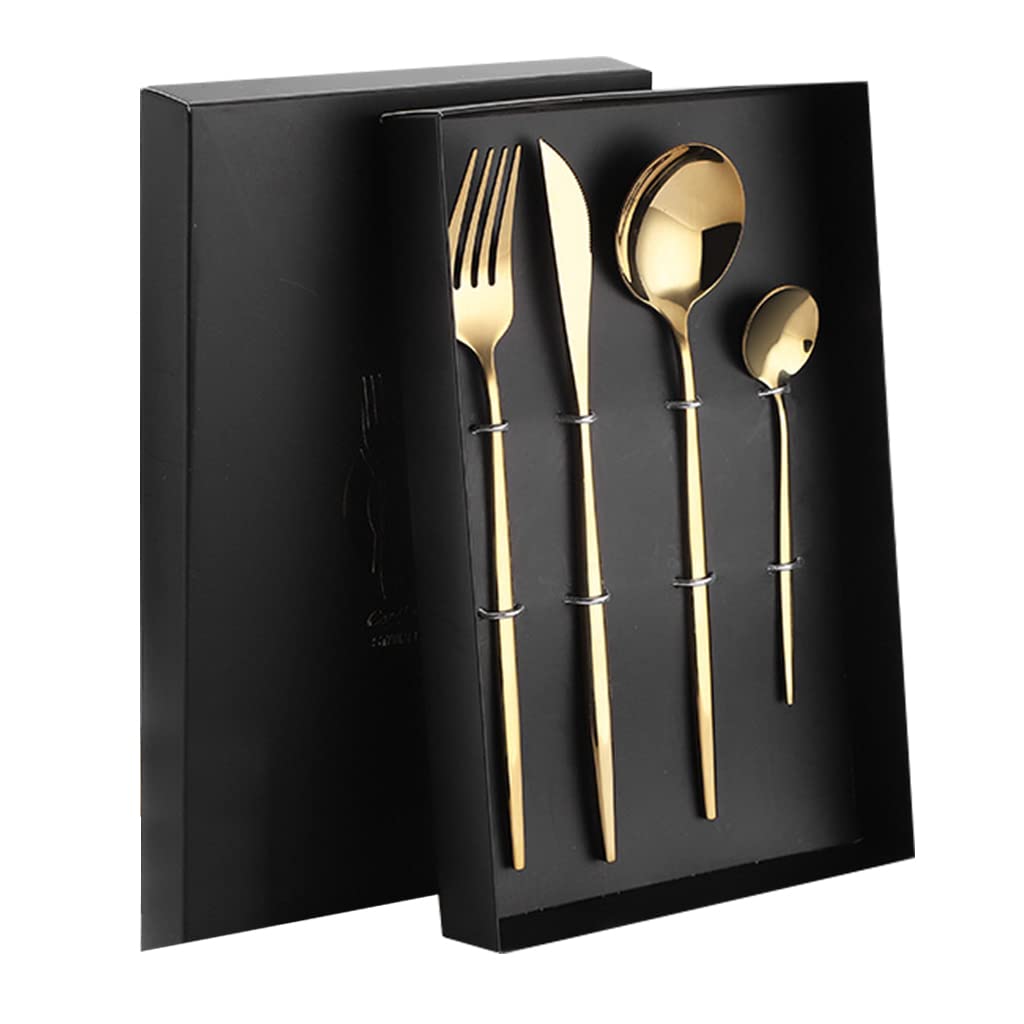 HASTHIP® Premium Gold Stainless Steel Fork Spoon Coffee Spoon 4 Piece Set, Spoon Fork Outdoor Gift Set, Flatware with Gift Box Dinnerware Cutlery Set Tableware Set (Gold)