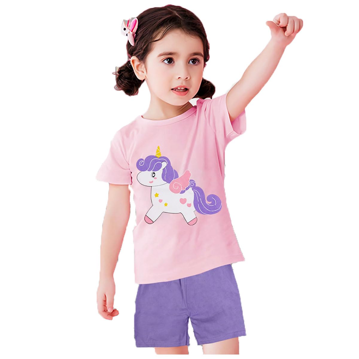 SNOWIE SOFT® Night Dress For Girls, Unicorn Short Sleeve Night Suits For Girls Cotton Girls Night Suit 2pcs Summer Cartoon Night Suit for Kids Soft Comfortable T Shirt+Shorts for 3-4 Years Girls