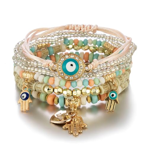 SANNIDHI® Boho Stackable Multilayer Hamsa Hand Bracelet Evil Eye Lucky Protection Bracelets Multicolor Crystal Charm Beaded Bracelet for Women Girls
