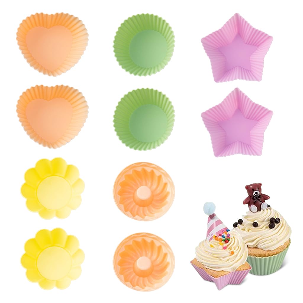 HASTHIP® 10Pcs Silicone Cake Molds 5 Designs Creative Kitchen Baking Cake Mold Sunflower Heart-shaped Star Cupcake Molds BPA Free Silicone Heat Resistant Silicone Molds for Cake, Chocolate, Jelly