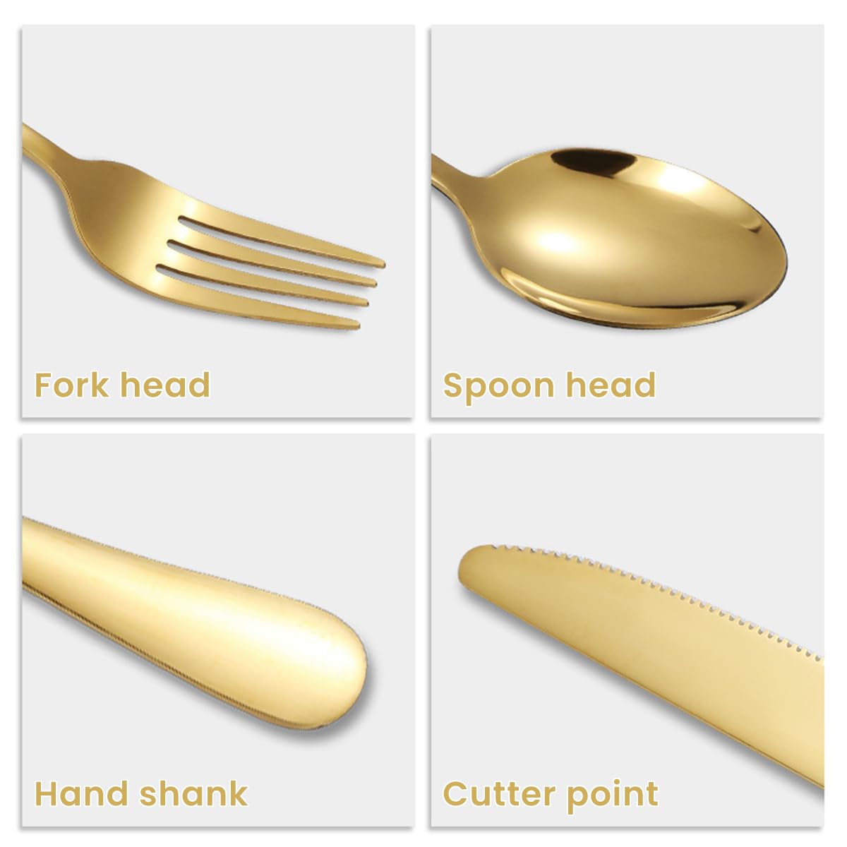 HASTHIP Cutlery Set for Home and Restaurant with Serrated Knives and Comfortable Grip | 16 Pcs Gold Stainless Steel Flatware