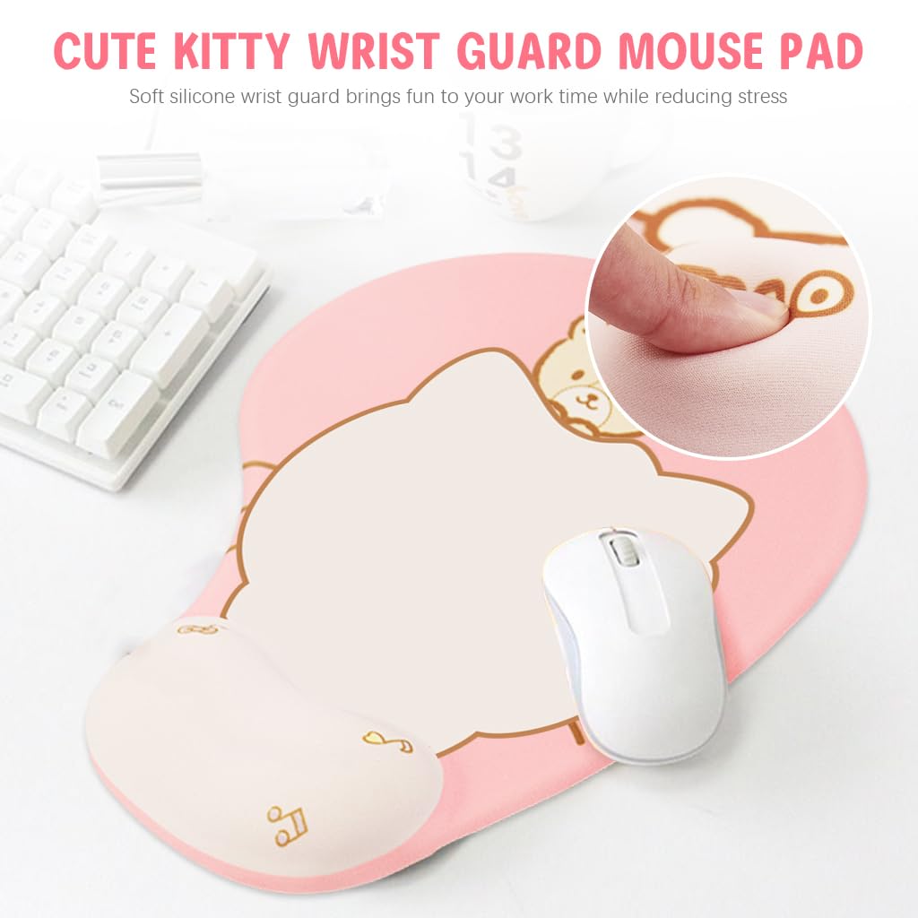 Fancyku Mouse Pad with Wrist Rest for Office and Gaming featuring Non Slip Silicone Base | Cute Cartoon Kitty Design with Smooth Lycra Cover