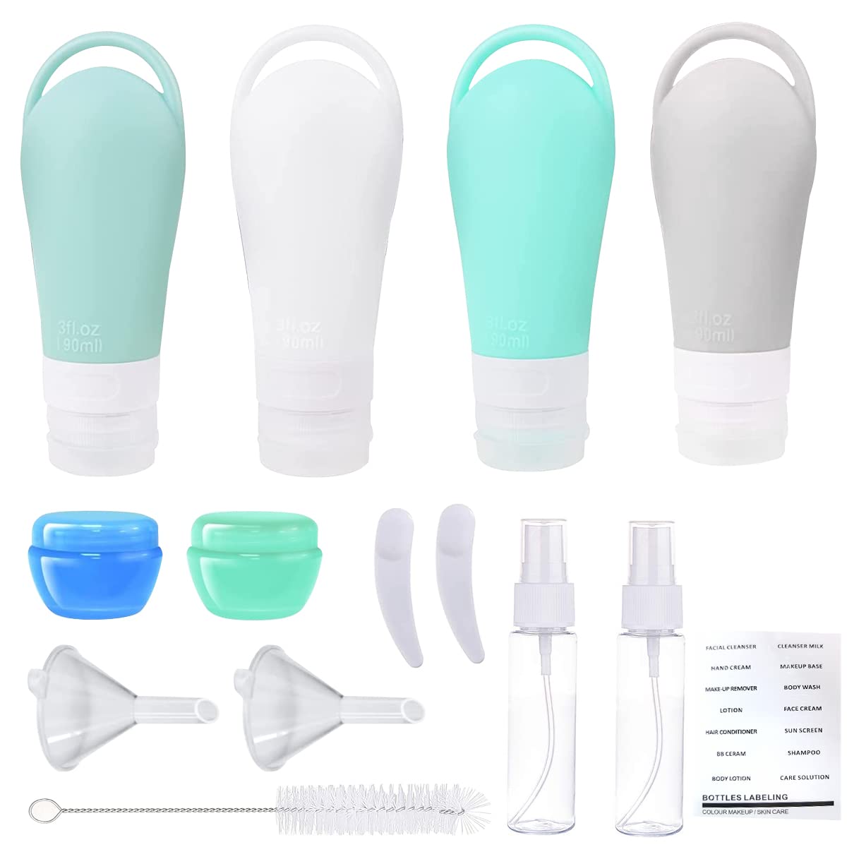 MAYCREATE Travel Bottles Set for Toiletries featuring 14pcs Leakproof Silicone Containers | Refillable Kit with Cream Jars and Spray Bottles