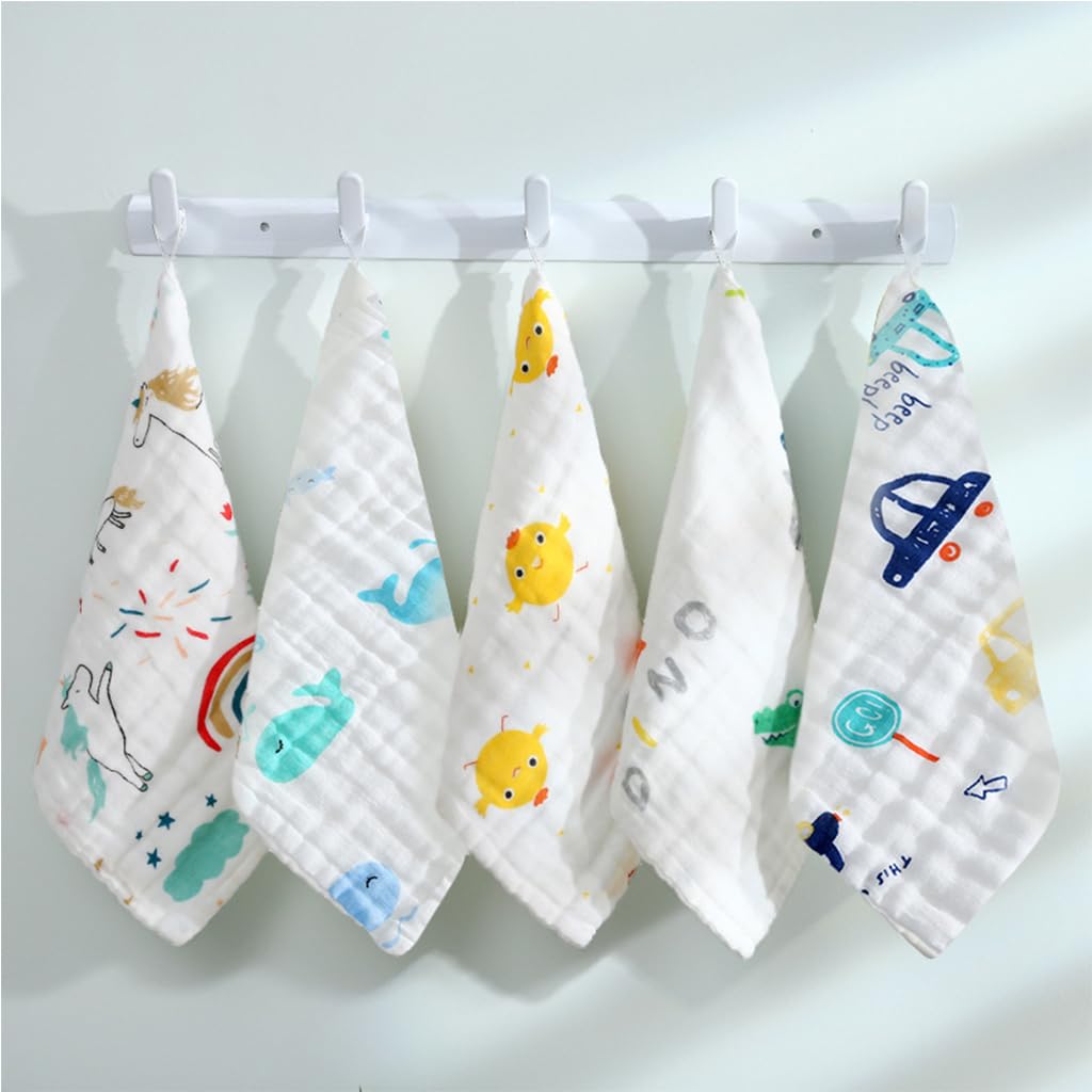 SNOWIE SOFT® 5Pcs Baby Towel for New Born Muslin Cloth for Baby, Pure Cotton Square Baby Towels High-Density Multi-Layer, Baby Towels for 0 to 2 Years with Hanging Loop, Newborn Baby Essentials, 12