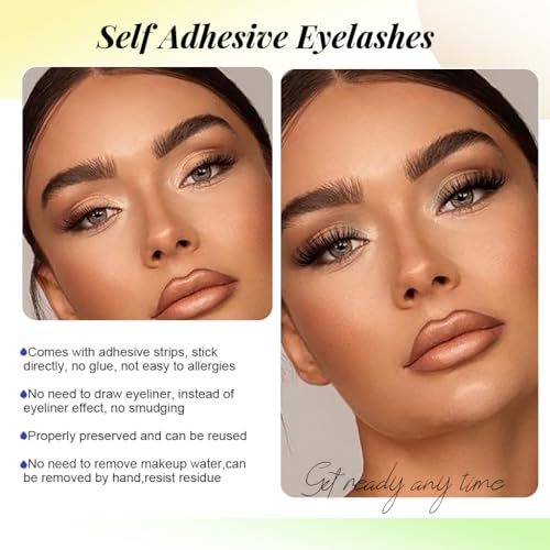 MAYCREATE 3 Pairs Self Adhesive Eyelashes No Glue Needed False Lashes Natural Look Lash Extensions Reuseable Self Adhesive Lashes Waterproof Wispy Fluffy Lashes with Tweezer