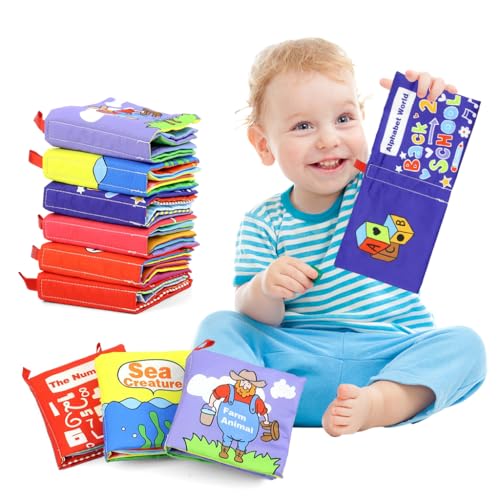 SNOWIE SOFT® 6 Pack Baby Cloth Books, 6-Themes Baby's First Book Cartoon Illustration Soft Cloth Books for Early Education Travel Activity Books Crinkle Cloth Book for Baby Aged 6-24 Months