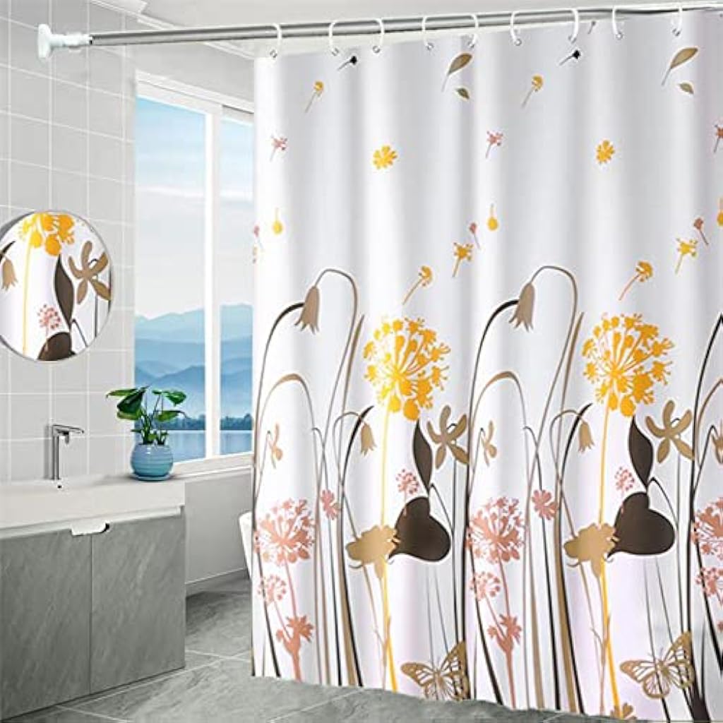 ELEPHANTBOAT® Orange and White Dandelion Pattern Nature Decorative Bathroom Fabric for Shower Curtain Liner with 14 Hooks 70.8X70.8 inch