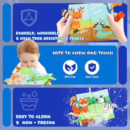 SNOWIE SOFT® Cloth Books for Babies 0 to 3 Years Forest Animal Sensory 6-12 Month with 3D Touch Feel High Contrast Dimensional Tail Built in Rustling Sound Waterproof Baby Toy 2PCS