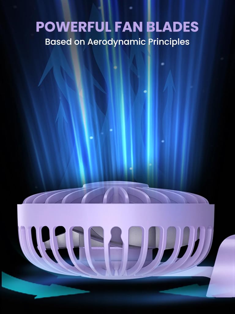 Verilux USB Handheld Fan for Travel and Office with 5000mAh Battery and Detachable Neck Strap | Purple Portable Cooling Fan