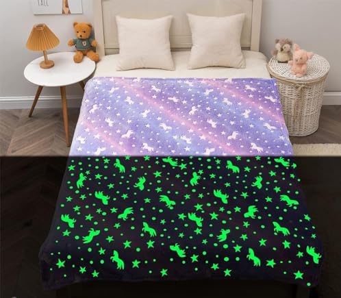 ZIBUYU® Winter Blanket for Kids Girls Flannel Blanket Warm Soft Night Glow in Dark Furry Safe Luminous Unicorn AC Blanket for Boys & Girls (70 x 60 inch) - Purple