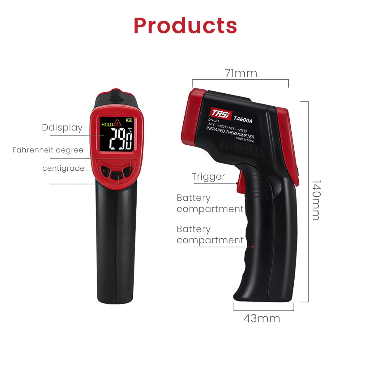 HASTHIP® Infrared Thermometer Gun, Handheld Digital Laser Temperature Gun -50°C to 380°C (-58°F to 716°F) IR Digital Thermometer Laser Gun Non Contact Laser Temp Gauge for Household Industrial Use