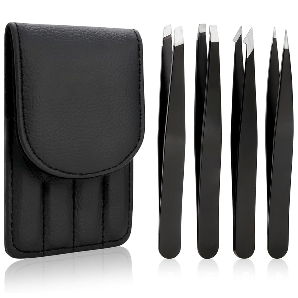 ZIBUYU® Stainless Steel Eyebrow Grooming Kit with Storage Pouch Set of 4Pcs Eyebrow Tweezers Slant-Tip/Point-Tip/Flat-Tip Eyebrow Tweezer Set