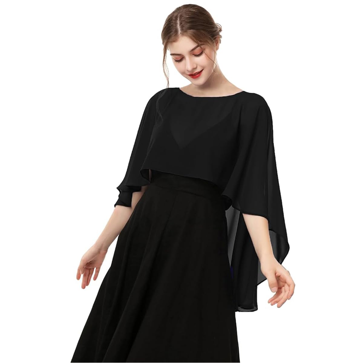Venzina Chiffon Shawl Wrap for Evening Dresses with 11.8–27.5 in Coverage | Black Capelet