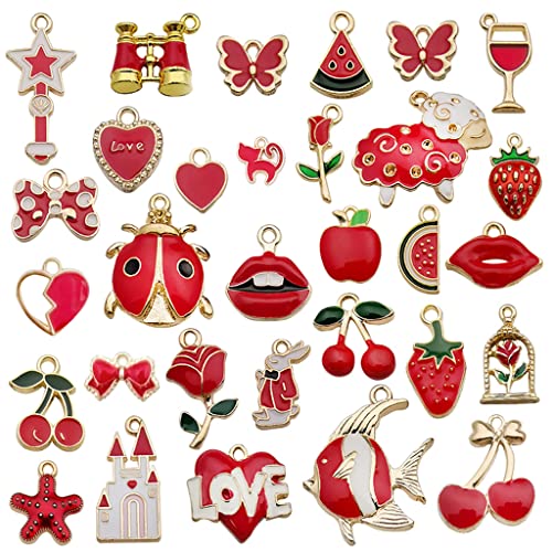 ZIBUYU® Pendant Charms for Jewellery Making Kit Assorted Cartoon Red Enamel Pendants Gold Plated DIY Charms Necklace Bracelets Pendent for Making Jewelry and DIY Crafting Kids - 31 Pcs