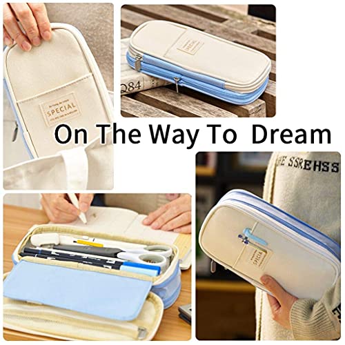 HASTHIP® Large Capacity Pencil Case, Durable Storage Multiple Compartment Double Zipper Portable Capacity Pencil Pouch for College Student Teen, 22x11cm (Light Blue) 2 PCS