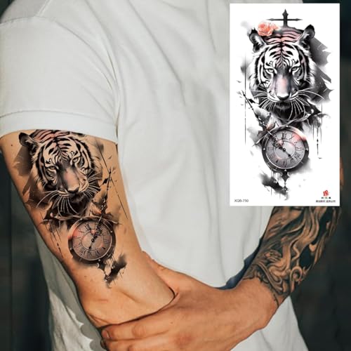 MAYCREATE® Temporary Tattoo for Men Women 34 Sheets Large Arm Band Sticker 3D Realistic Armband Body Half Sleeve Hand Assorted Lion Wolf Tiger Skull Fake Tattoos 68PCS